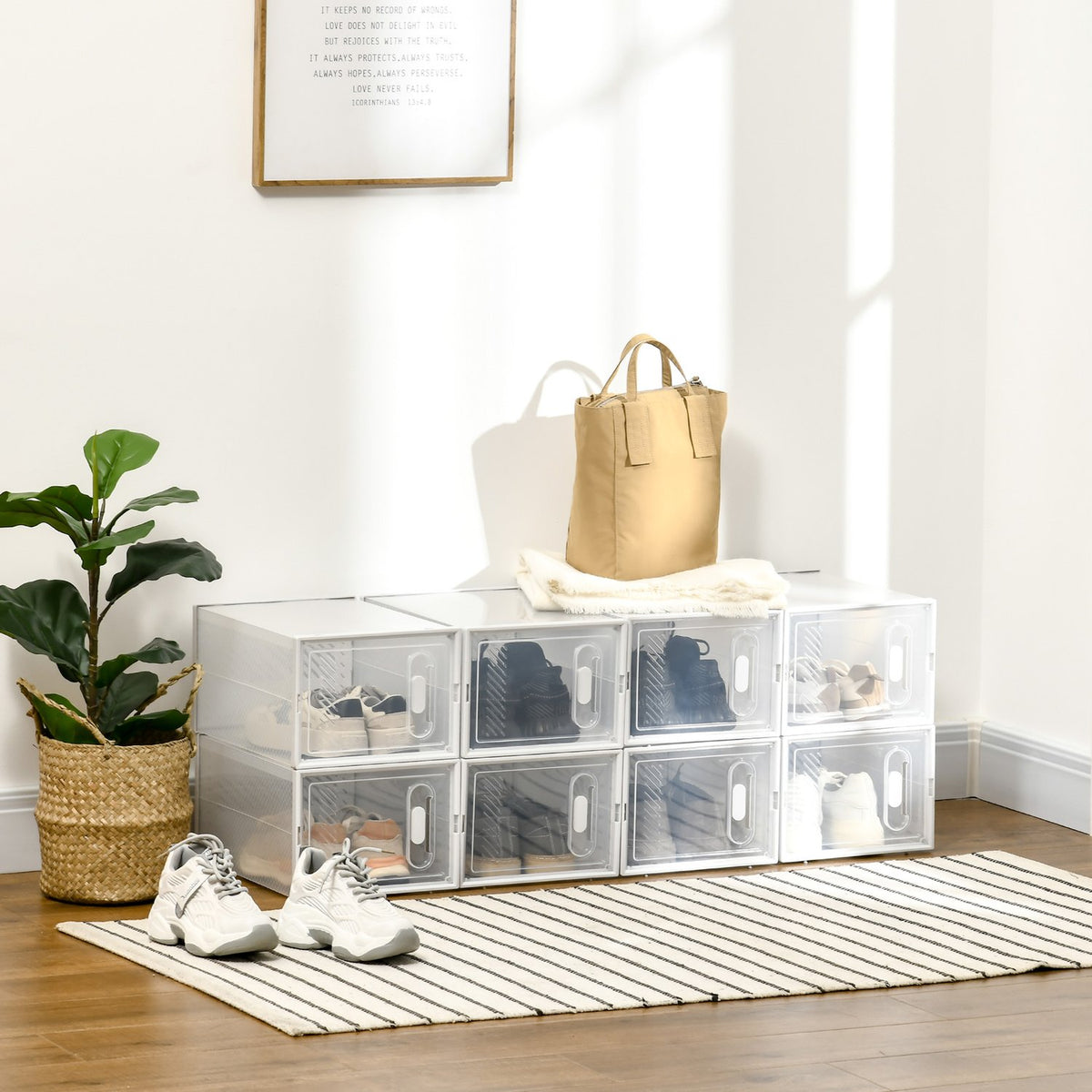 Shoe Cabinet Diy Plug-In Shelf With 8 Compartments, Rectangular Shoe Rack, Plastic, Transparent, 25X35X19Cm