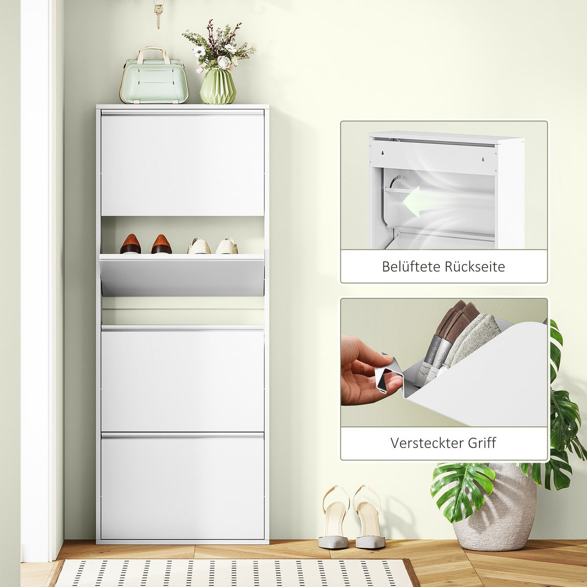 Shoe Cabinet Metal with 4 Flaps Shoe Tipper Slim for 8 Pairs of Shoes Shoe Rack Shoe Chest Shoe Rack Wall Mounted for Entrance Area Hallway 55 x 15 x 139.5 cm White |