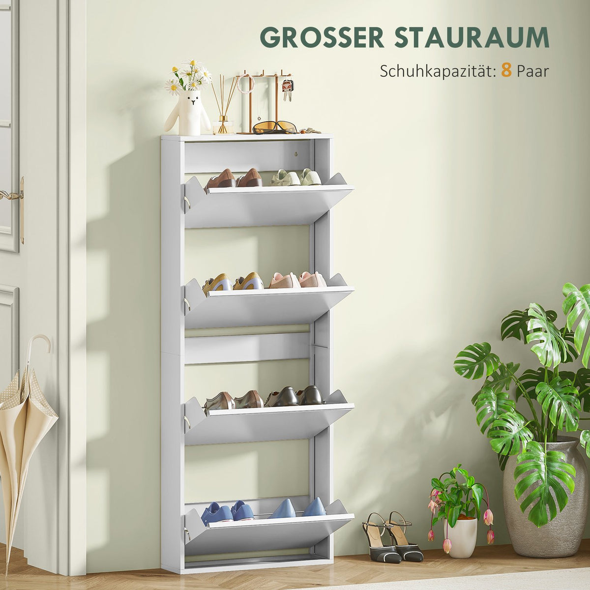 Shoe Cabinet Metal with 4 Flaps Shoe Tipper Slim for 8 Pairs of Shoes Shoe Rack Shoe Chest Shoe Rack Wall Mounted for Entrance Area Hallway 55 x 15 x 139.5 cm White |