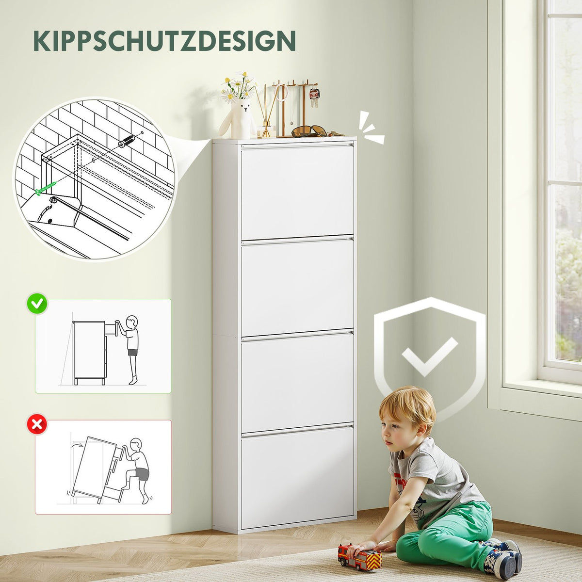 Shoe Cabinet Metal with 4 Flaps Shoe Tipper Slim for 8 Pairs of Shoes Shoe Rack Shoe Chest Shoe Rack Wall Mounted for Entrance Area Hallway 55 x 15 x 139.5 cm White |