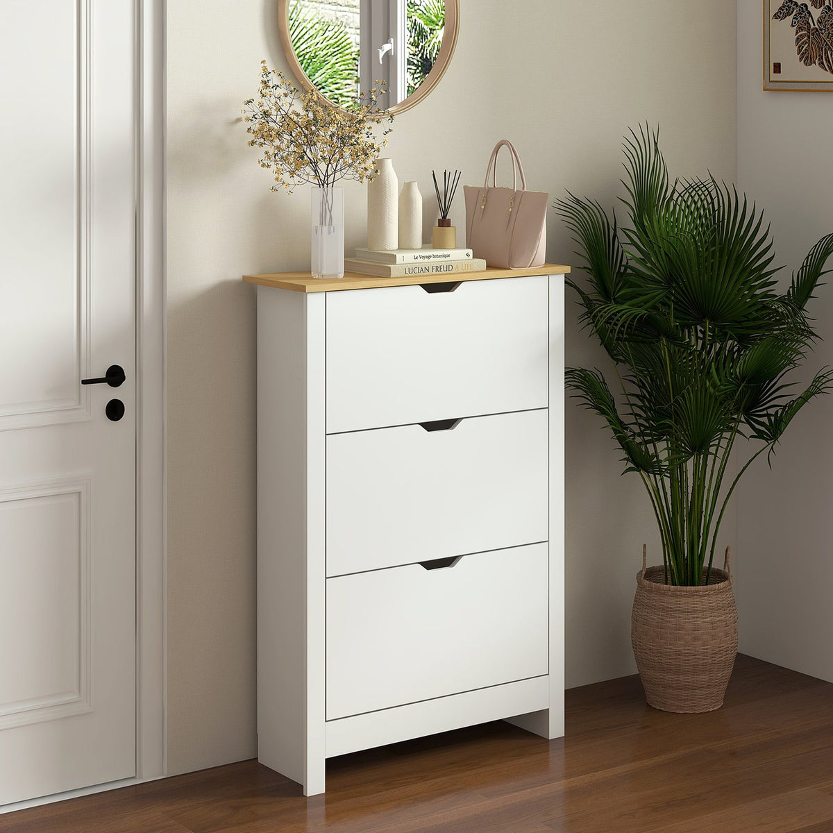 Shoe Cabinet, Shoe Tipper, Shoe Rack With 3 Flaps For 18 Pairs Of Shoes, Space-Saving Shoe Stand, White + Natural, 72 X 26 X 112 Cm