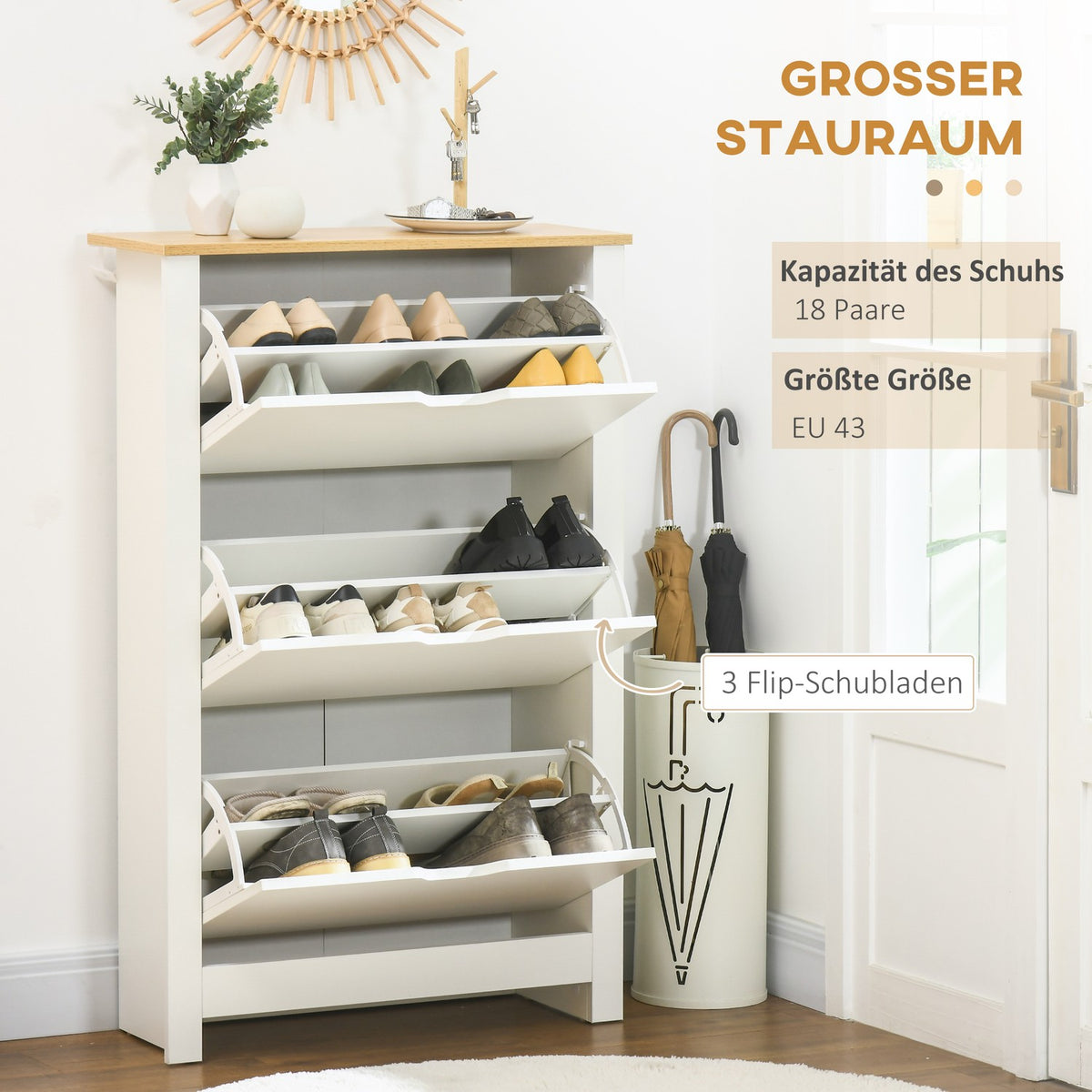 Shoe Cabinet, Shoe Tipper, Shoe Rack With 3 Flaps For 18 Pairs Of Shoes, Space-Saving Shoe Stand, White + Natural, 72 X 26 X 112 Cm
