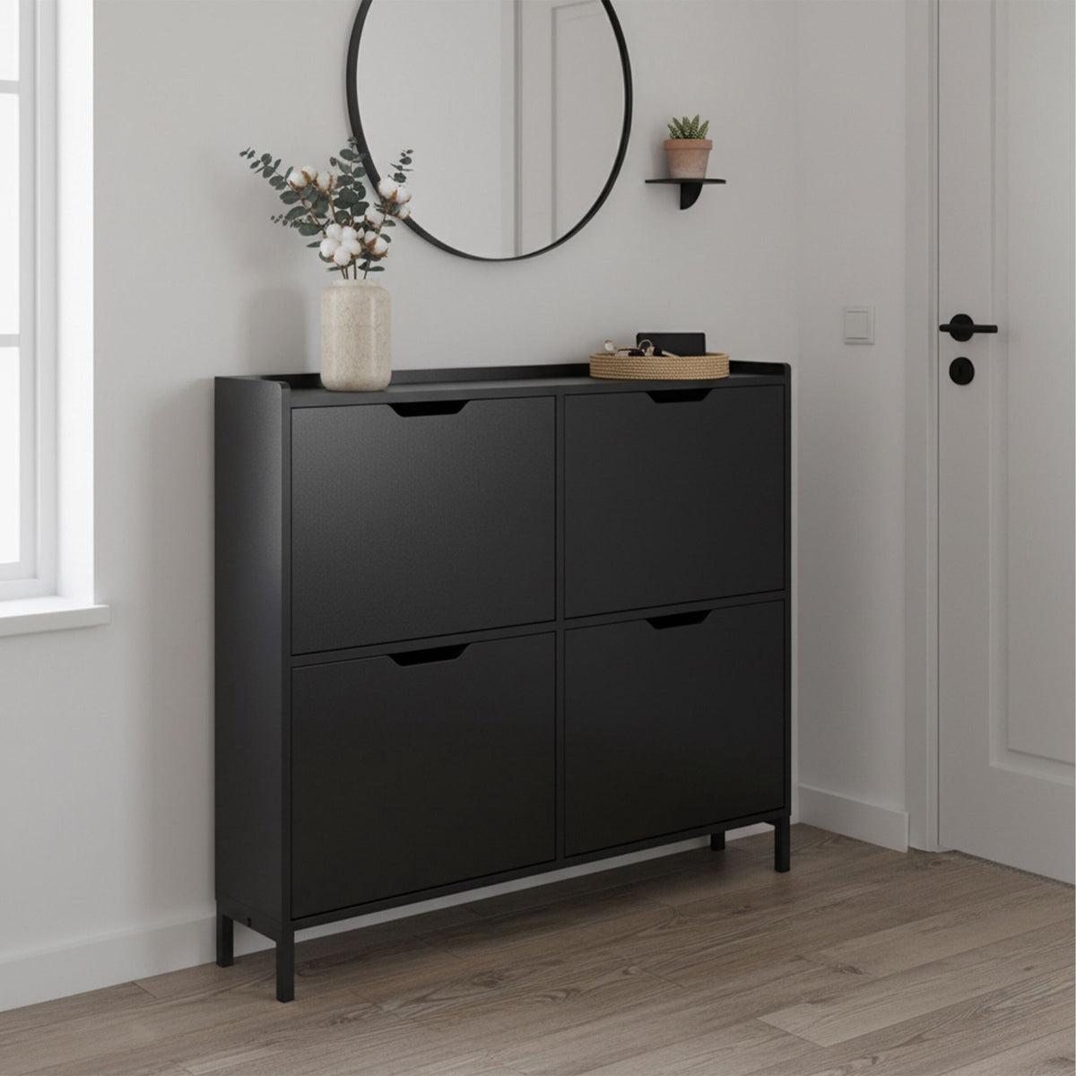 Shoe Cabinet, Slim 4-Compartment, Holds 16 Pairs