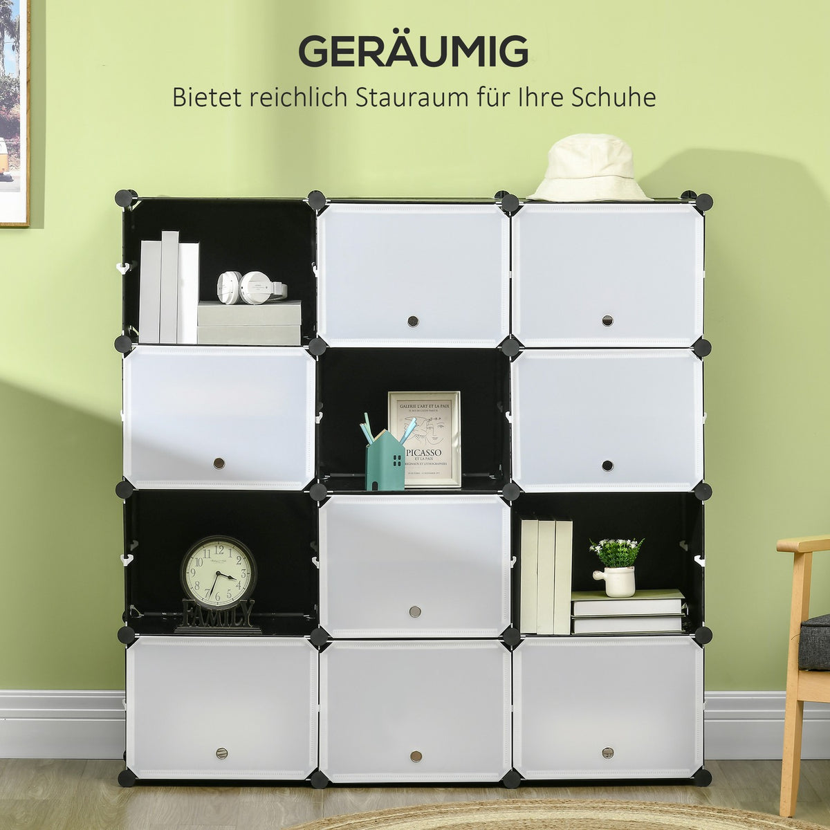 Shoe Cabinet Storage Box With 12 Cubes Diy Plug-In Shelf With Doors Plastic Steel Black + White 125 X 32 X 125 Cm