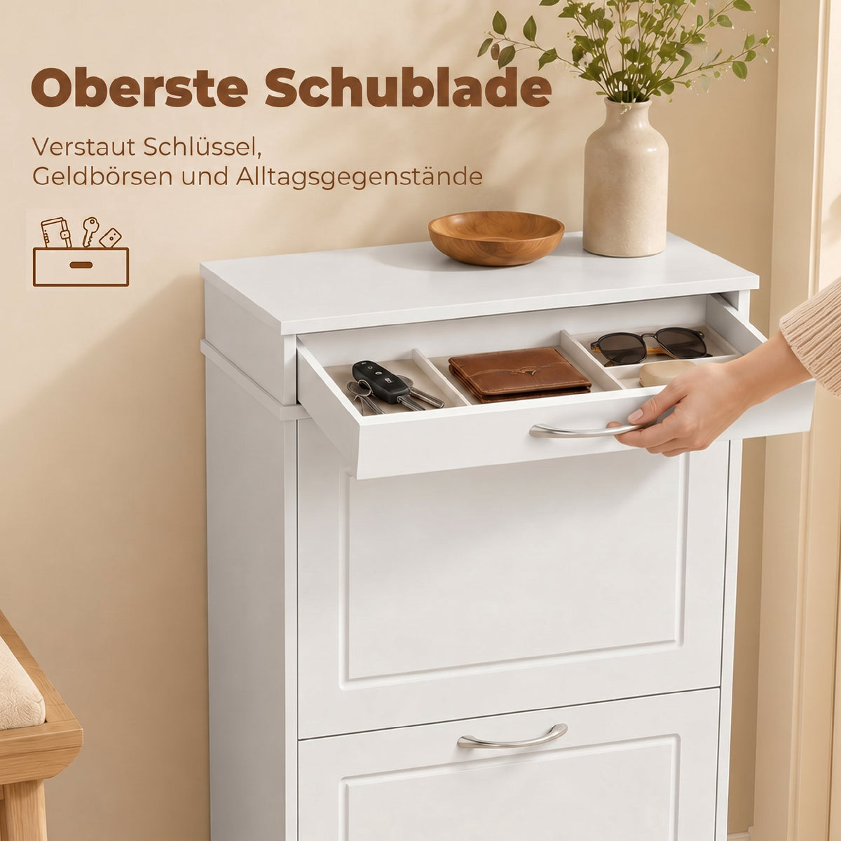 Shoe Cabinet With 2 Flip Drawers and Top Drawer, White