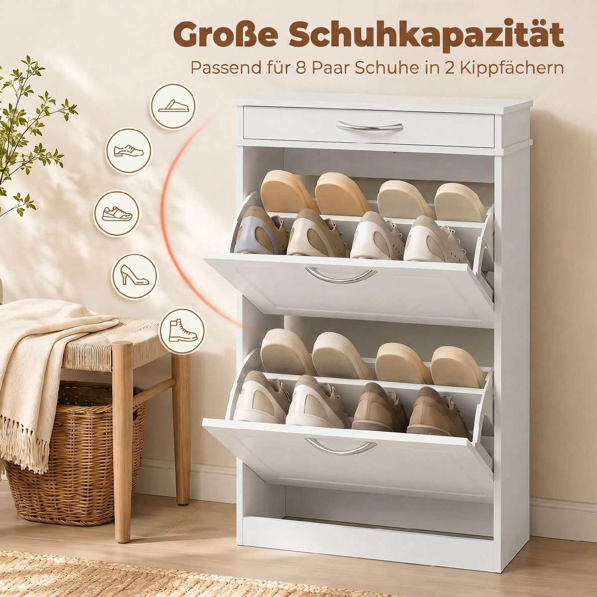 Shoe Cabinet With 2 Flip Drawers and Top Drawer, White