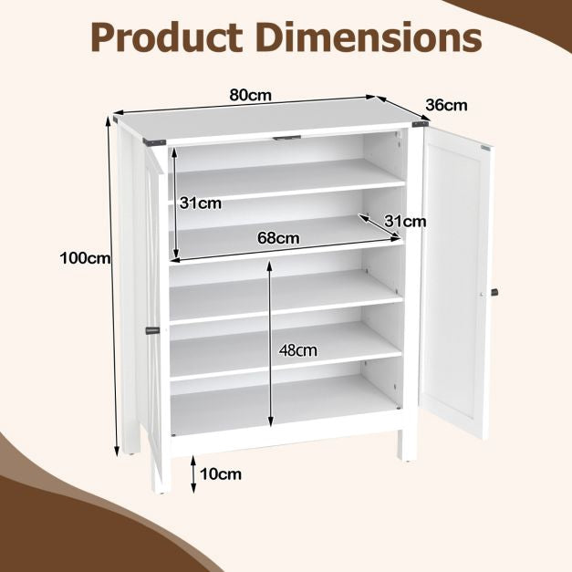 Shoe Cabinet With Doors, 6-Tier Adjustable Shelves, White