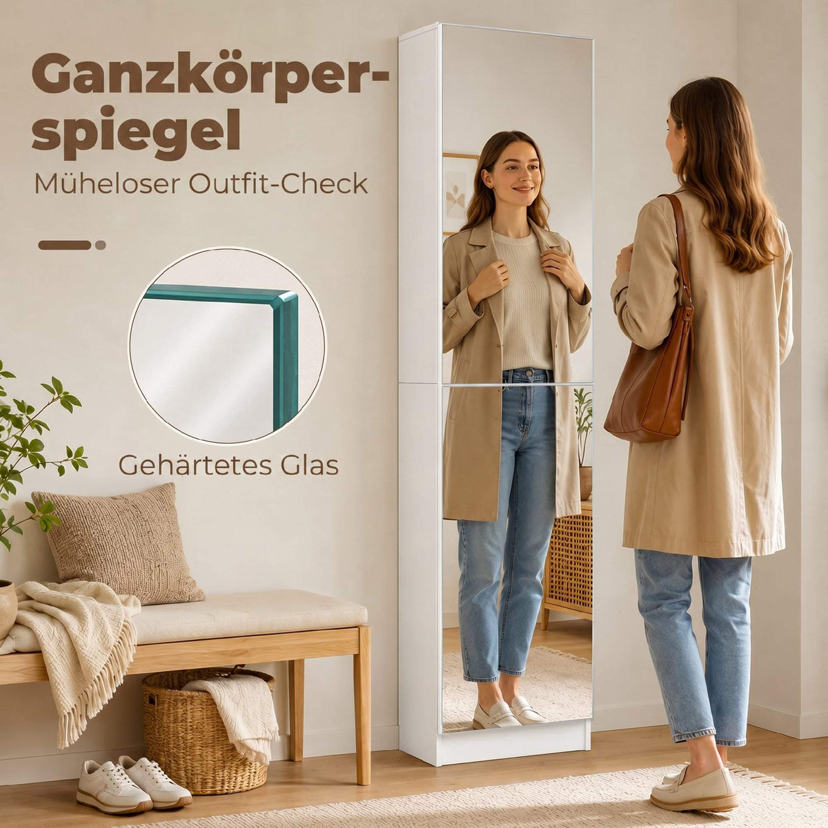 Shoe Cabinet With Mirror, Slim 5-Tier, White 50x20x180cm