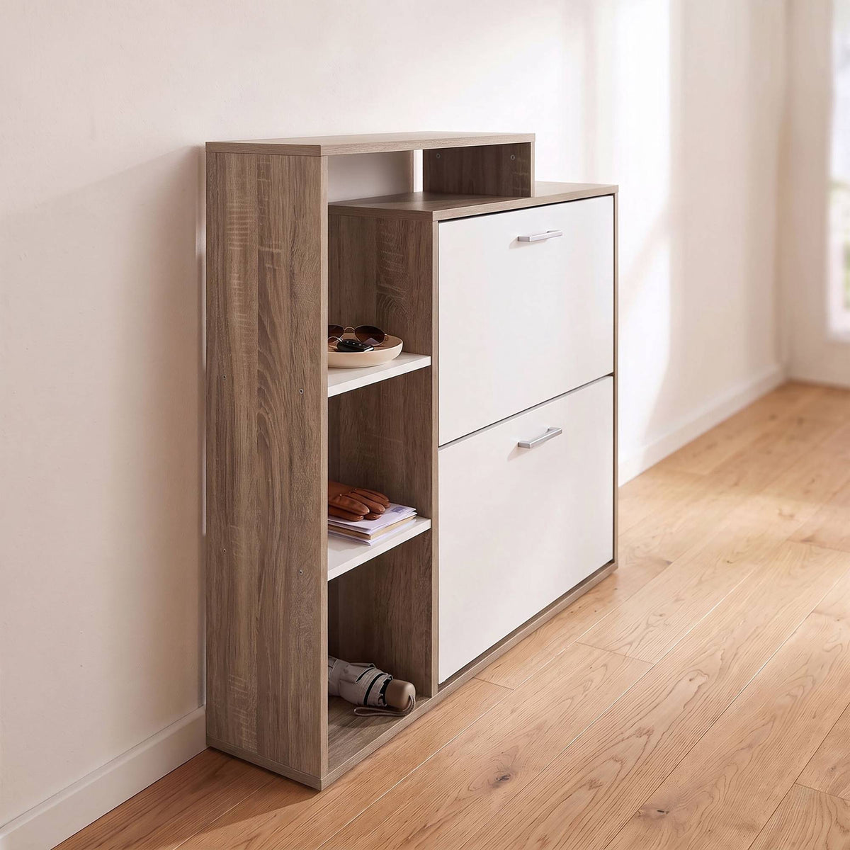 Shoe Cabinet with 2 Flaps, Adjustable Shelves, White