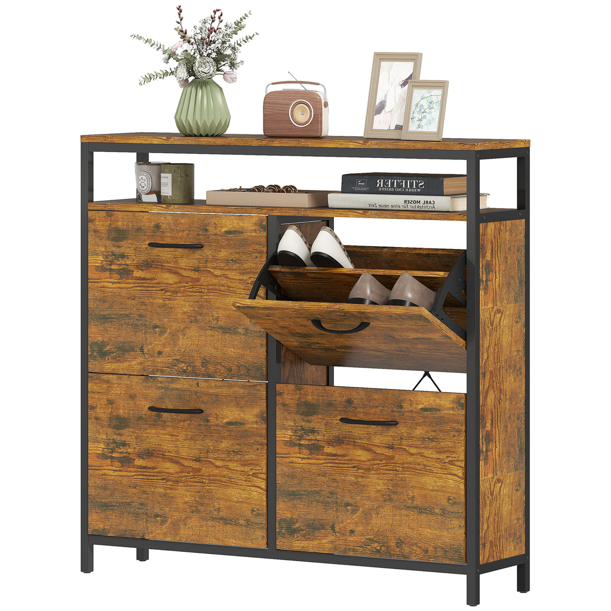 Shoe Cabinet with 4 Flip Drawers, Steel, Brown, Holds 12-20 Pairs