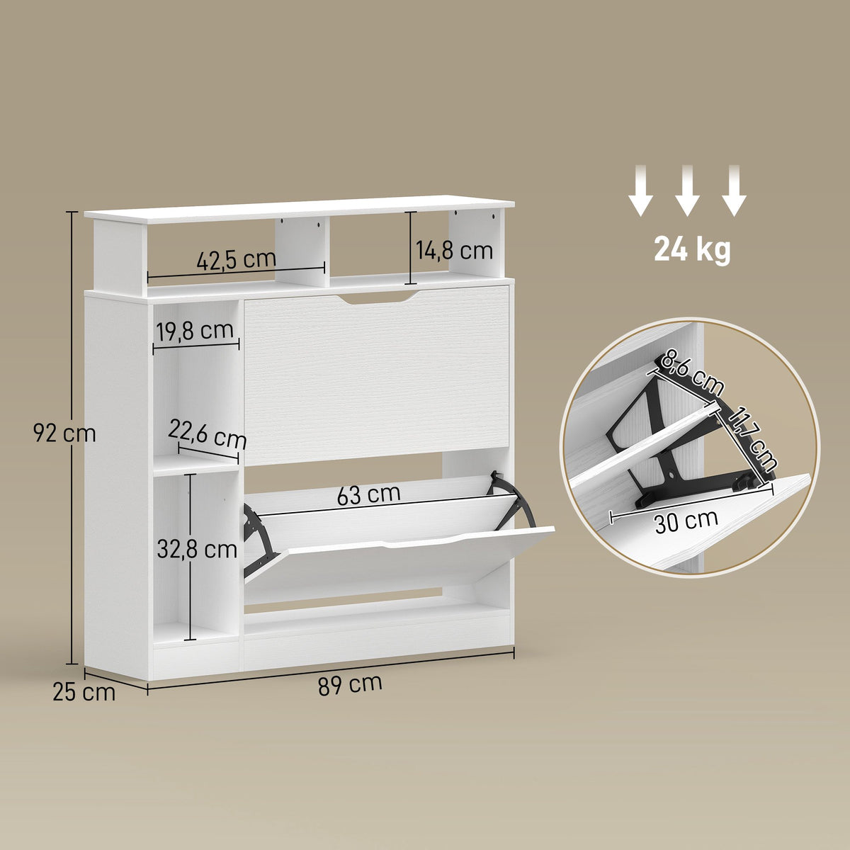 Shoe Cabinet with Adjustable Dividers, 2 Drop-Down Doors, White