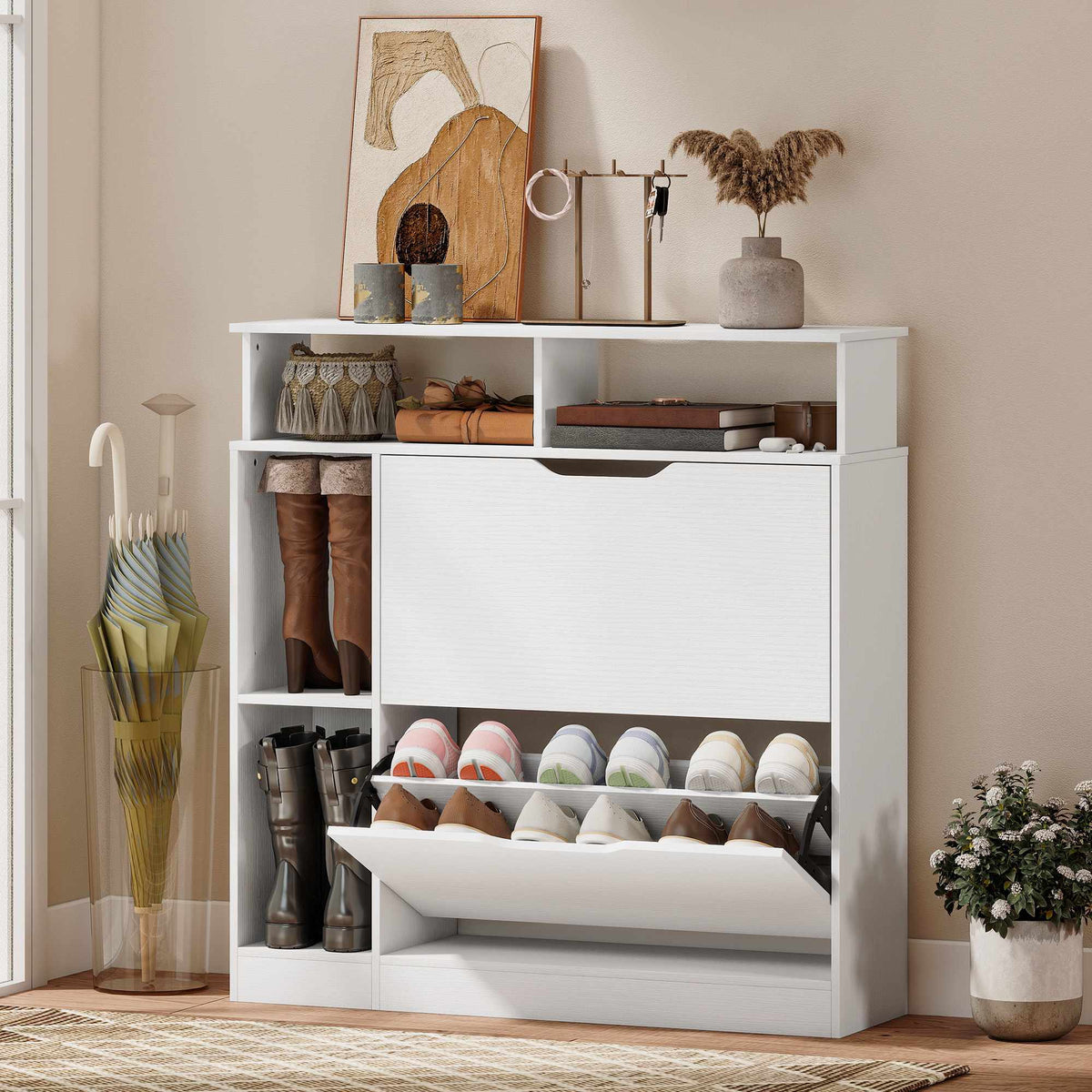 Shoe Cabinet with Adjustable Dividers, 2 Drop-Down Doors, White
