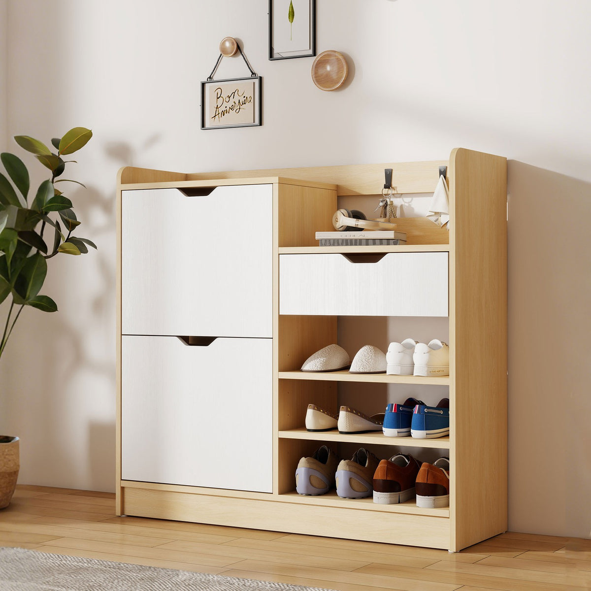 Shoe Cabinet with Flip Drawers, Open Shelves, 4 Hooks