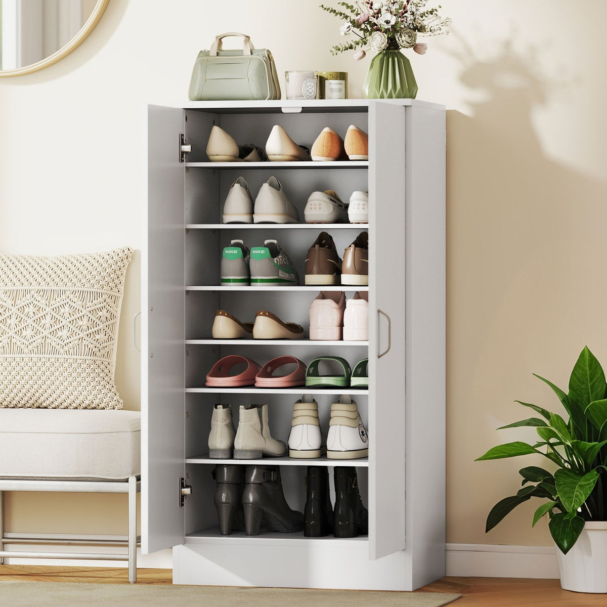 Shoe Cabinet with Soft-Close Hinges, Adjustable Shelves, White