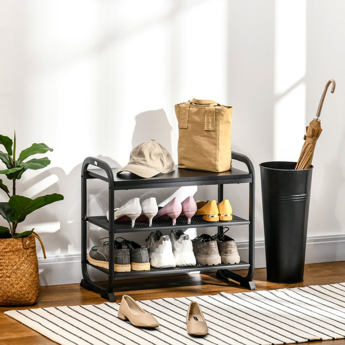 Shoe Rack In Industrial Style 2-Tier Shoe Bench With 2 Shelves, For 6 Pairs Of Shoes, Steel, Black, 62X30X52Cm