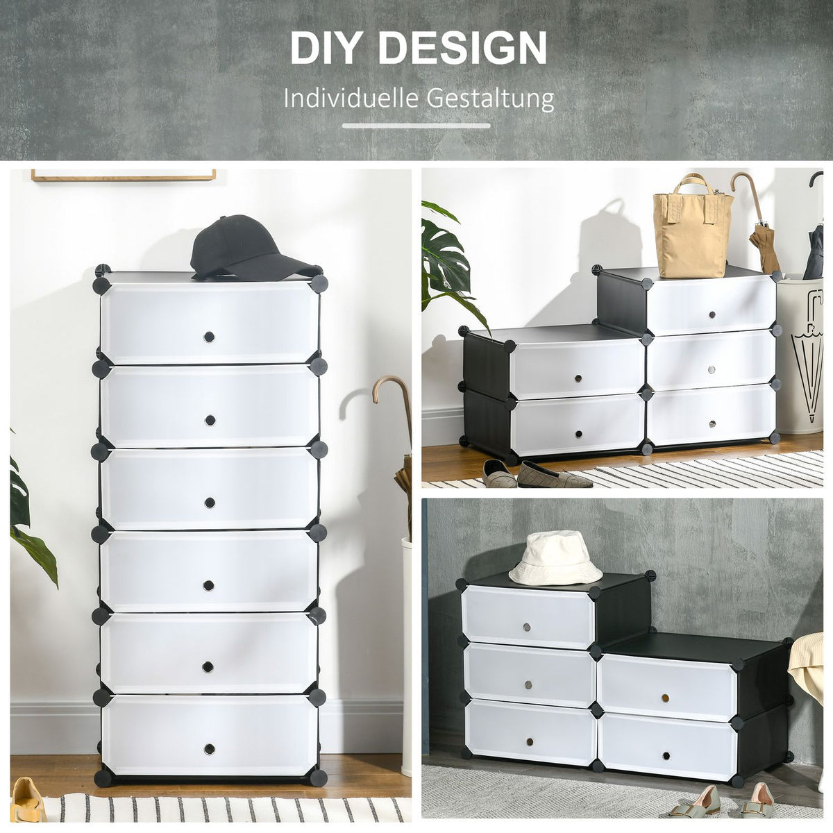 Shoe Rack Plastic Shelf for 6 Pairs of Shoes Shoe Box for Hallway DIY Shelf Storage of Shoes Black + White 49 x 36.5 x 108 cm