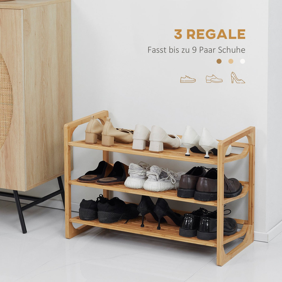 Shoe Rack Shoe Rack Shoe Stand With 3 Levels And Handle For Max. 9 Pairs Of Shoes Shoe Organizer Bamboo 76 X 33 X 51 Cm Natural