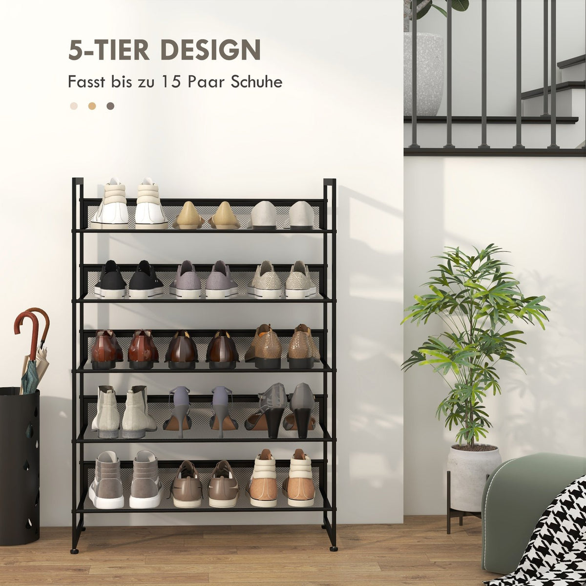 Shoe Rack, Shoe Stand With 5 Levels, Shoe Rack For Max. 15 Pairs Of Shoes, Shoe Organizer With Handle For Entrance, Bedroom, Steel, 72 X 30 X 102 Cm, Black