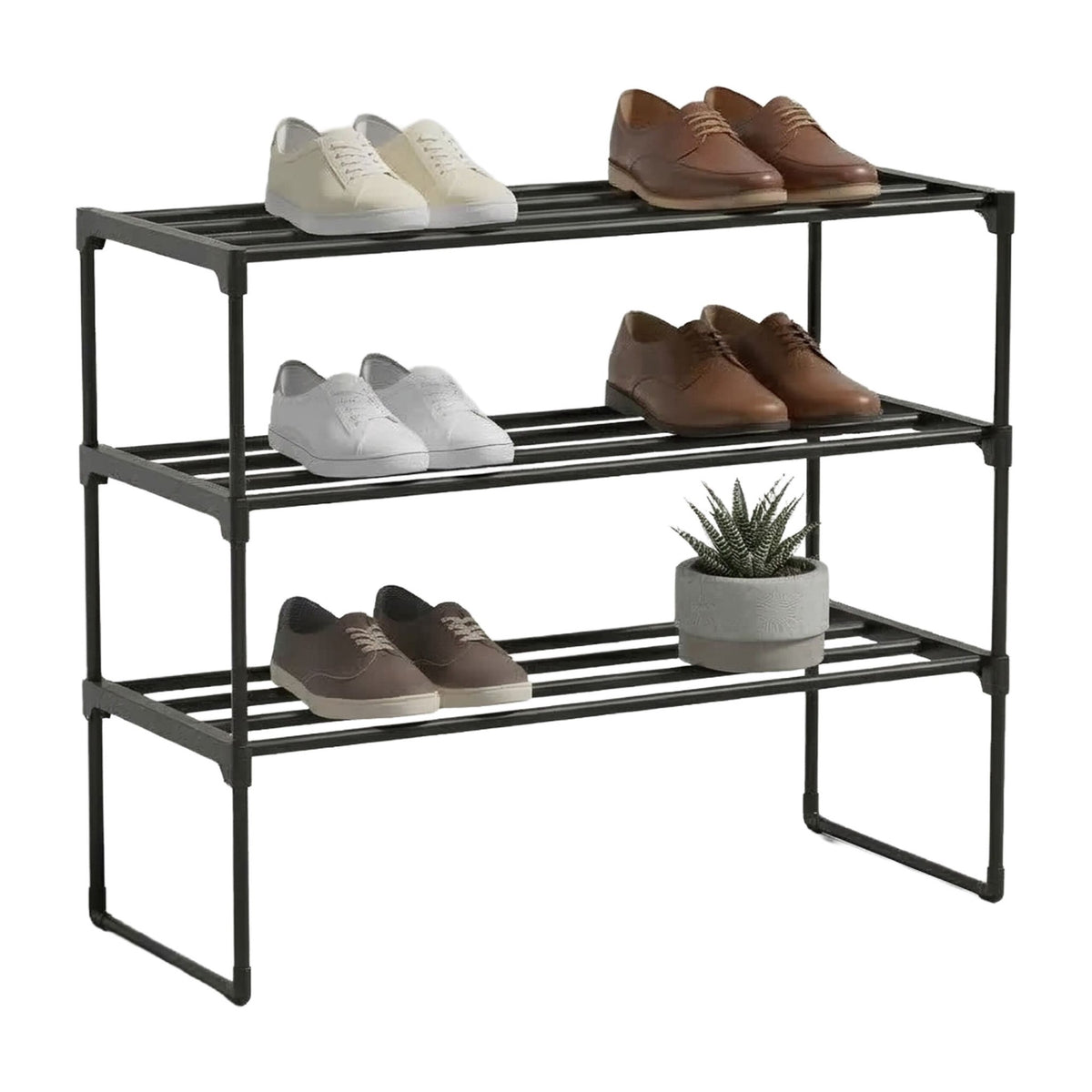 Shoe Rack, Stackable Metal Frame With Plastic Tiers