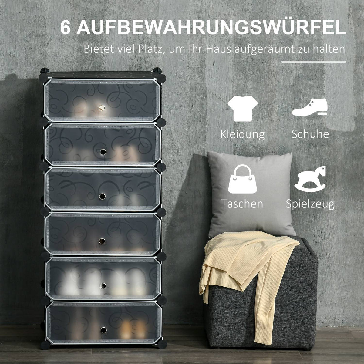 Shoe Rack Storage Box Diy Shelf For 6 Pairs Of Shoes, Plastic/Steel, Black+White, 49X36.5X108Cm