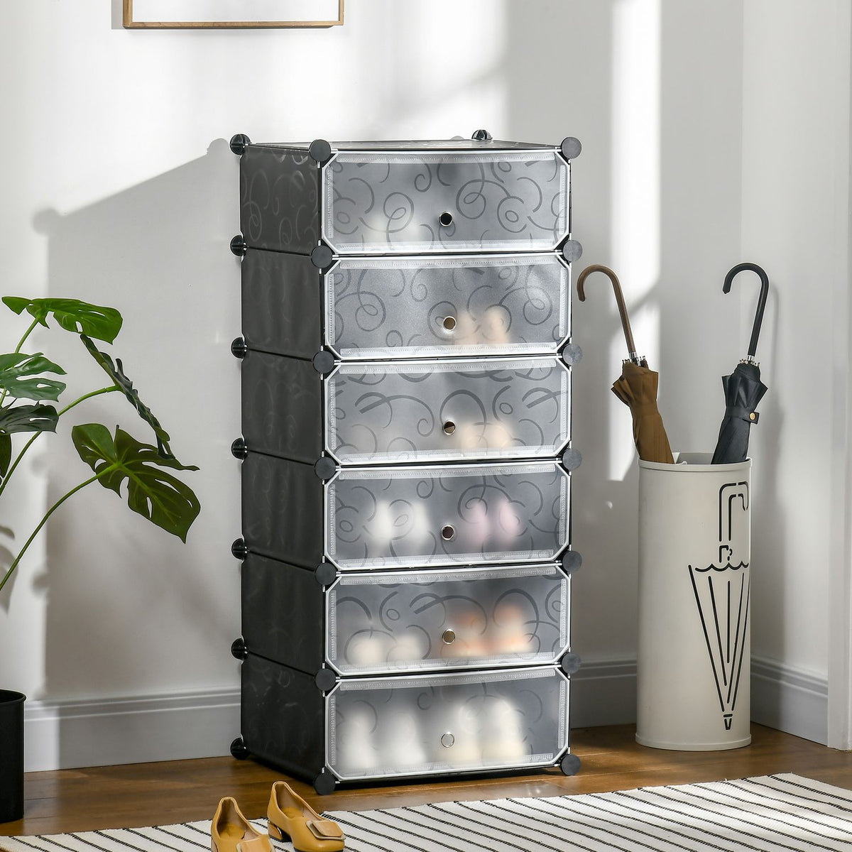 Shoe Rack Storage Box Diy Shelf For 6 Pairs Of Shoes, Plastic/Steel, Black+White, 49X36.5X108Cm