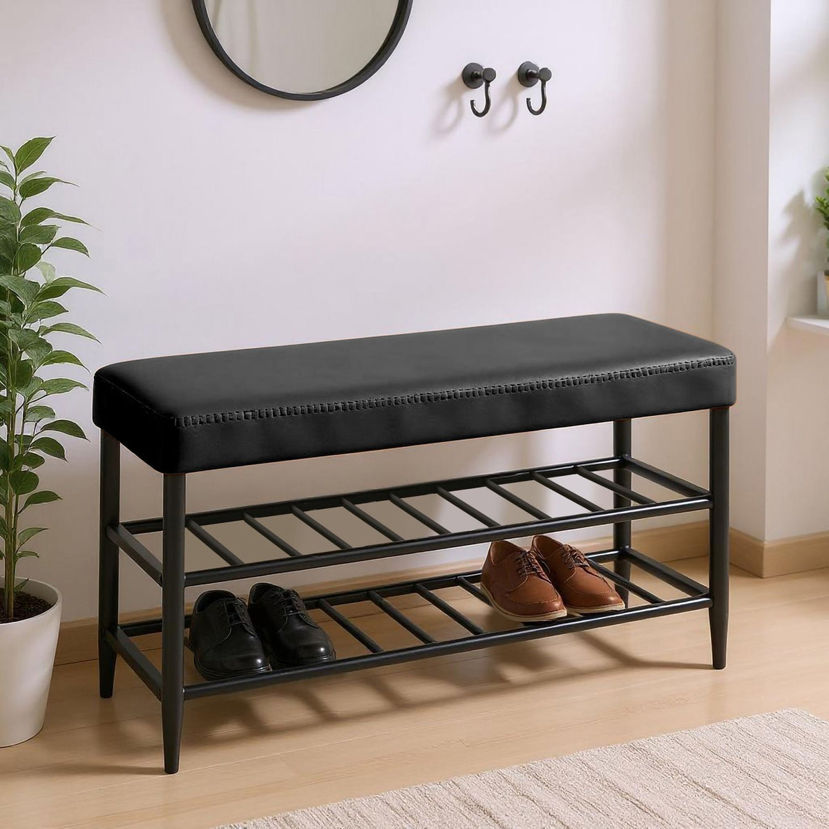 Shoe Storage Bench, Faux Leather, 2 Shelves