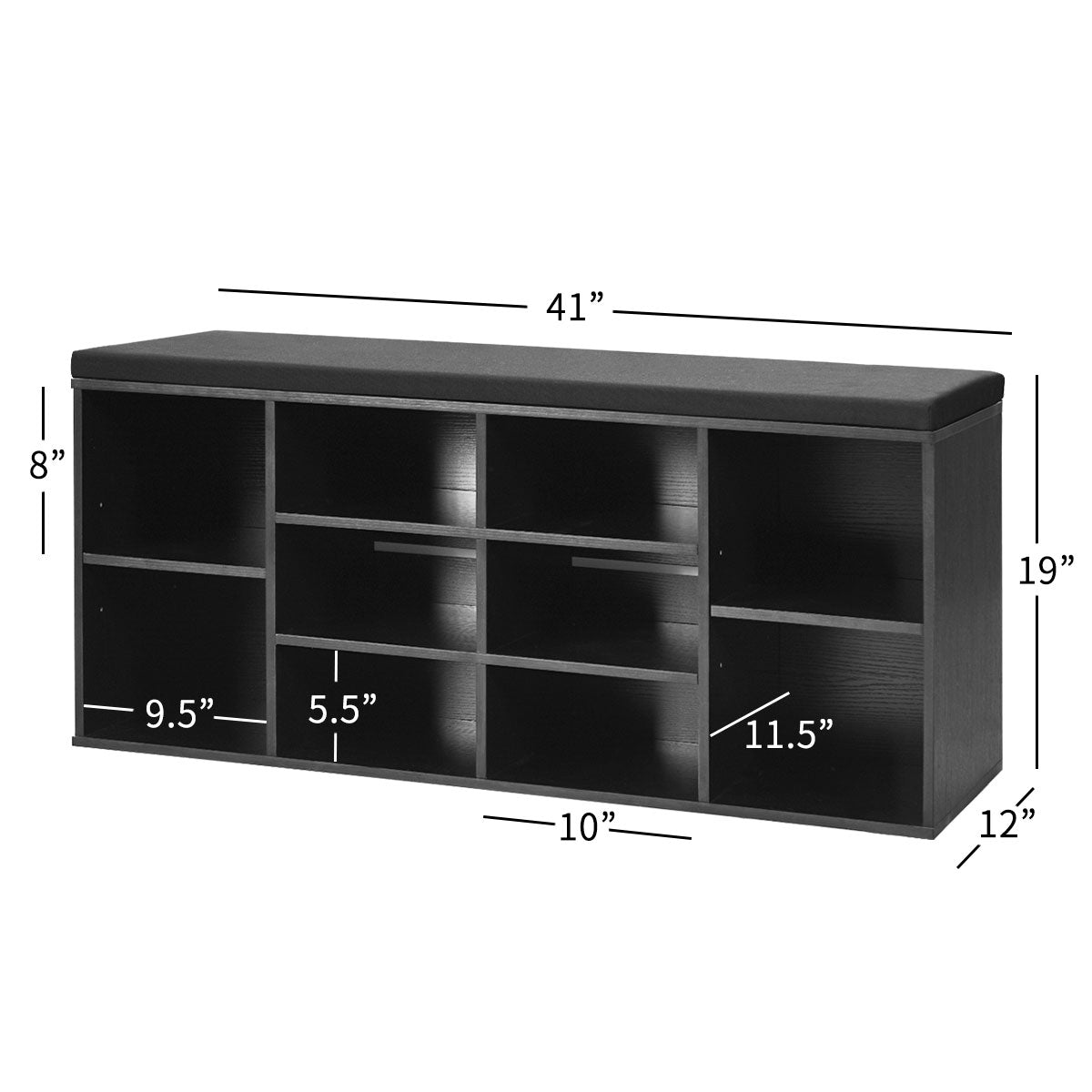 Shoe Storage Bench With Padded Seat, 10-Cube, Black