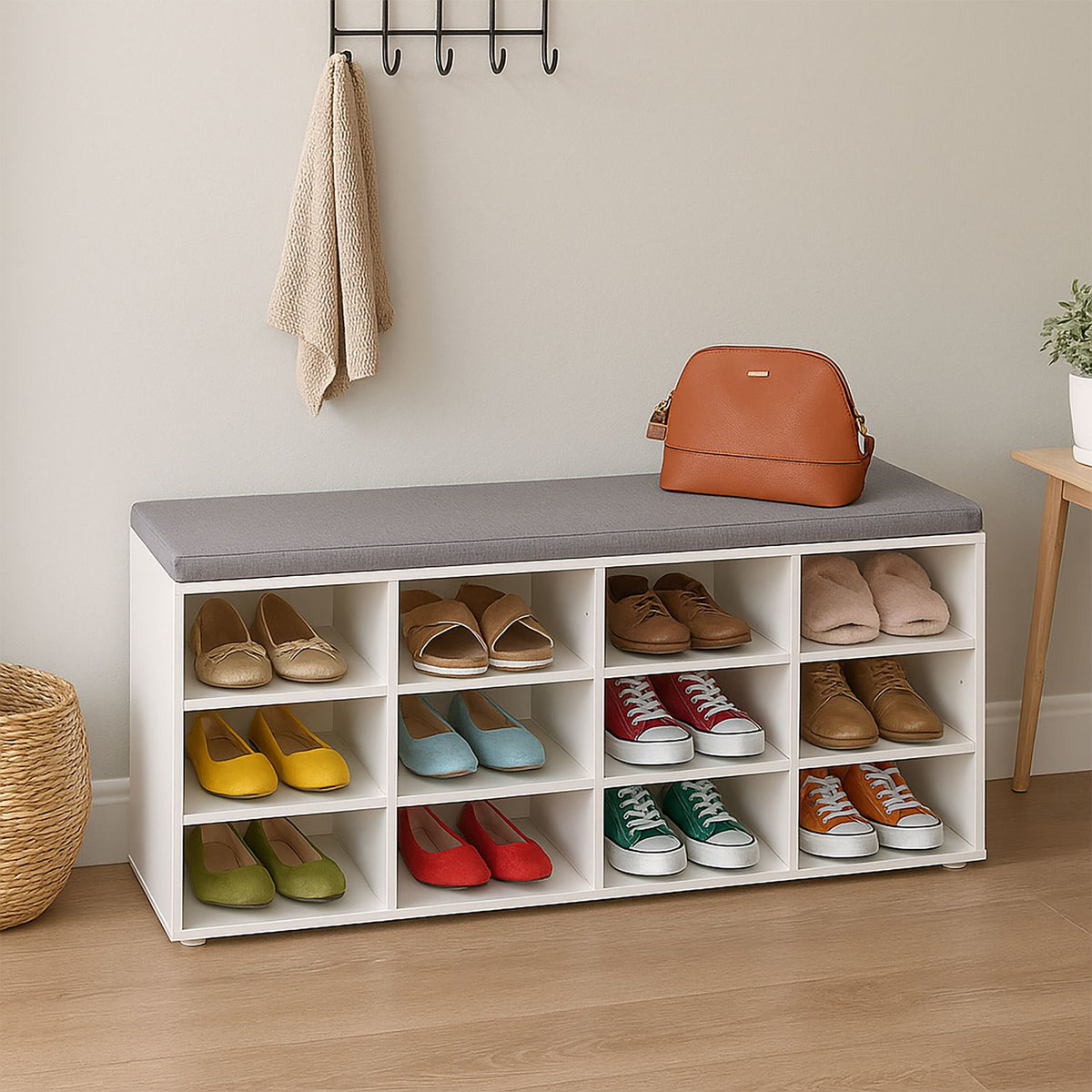 Shoe Storage Bench with Cushion – Hallway Organizer