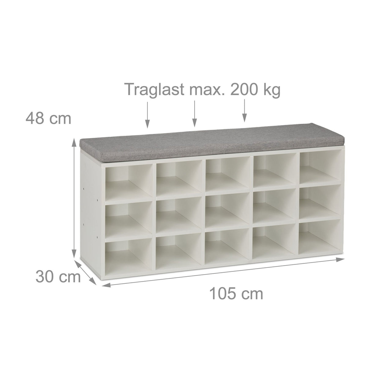 Shoe Storage Bench with Cushion – Upholstered, Grey