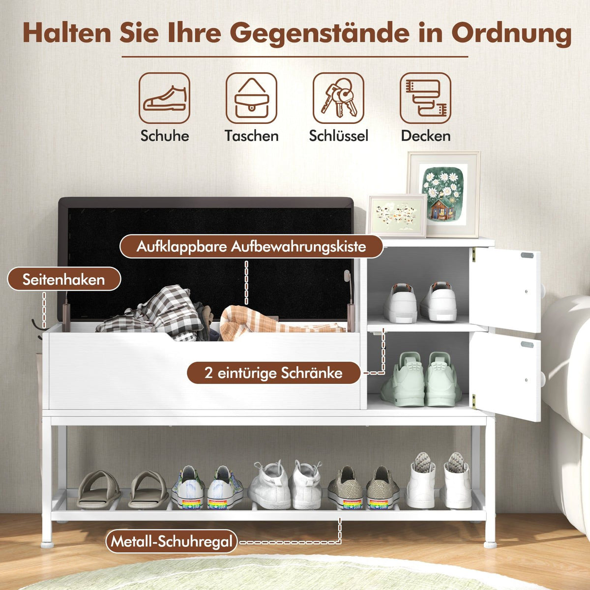 Shoe Storage Bench with Flip Lid, Metal Rack, 2 Doors