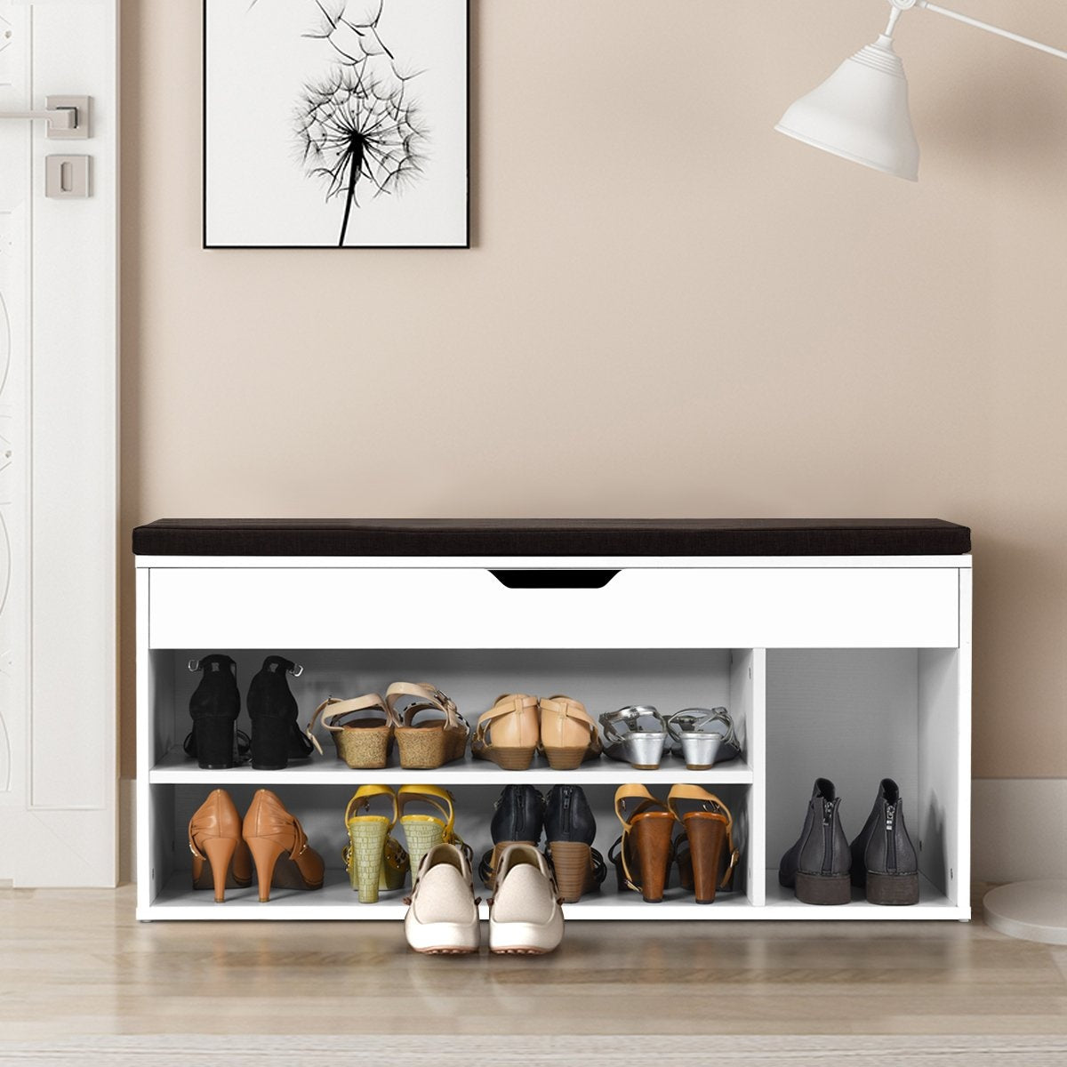 Shoe bench shoe chest of drawers shoe rack with seat cushion wood 104 x 48 x 30 cm white/natural white