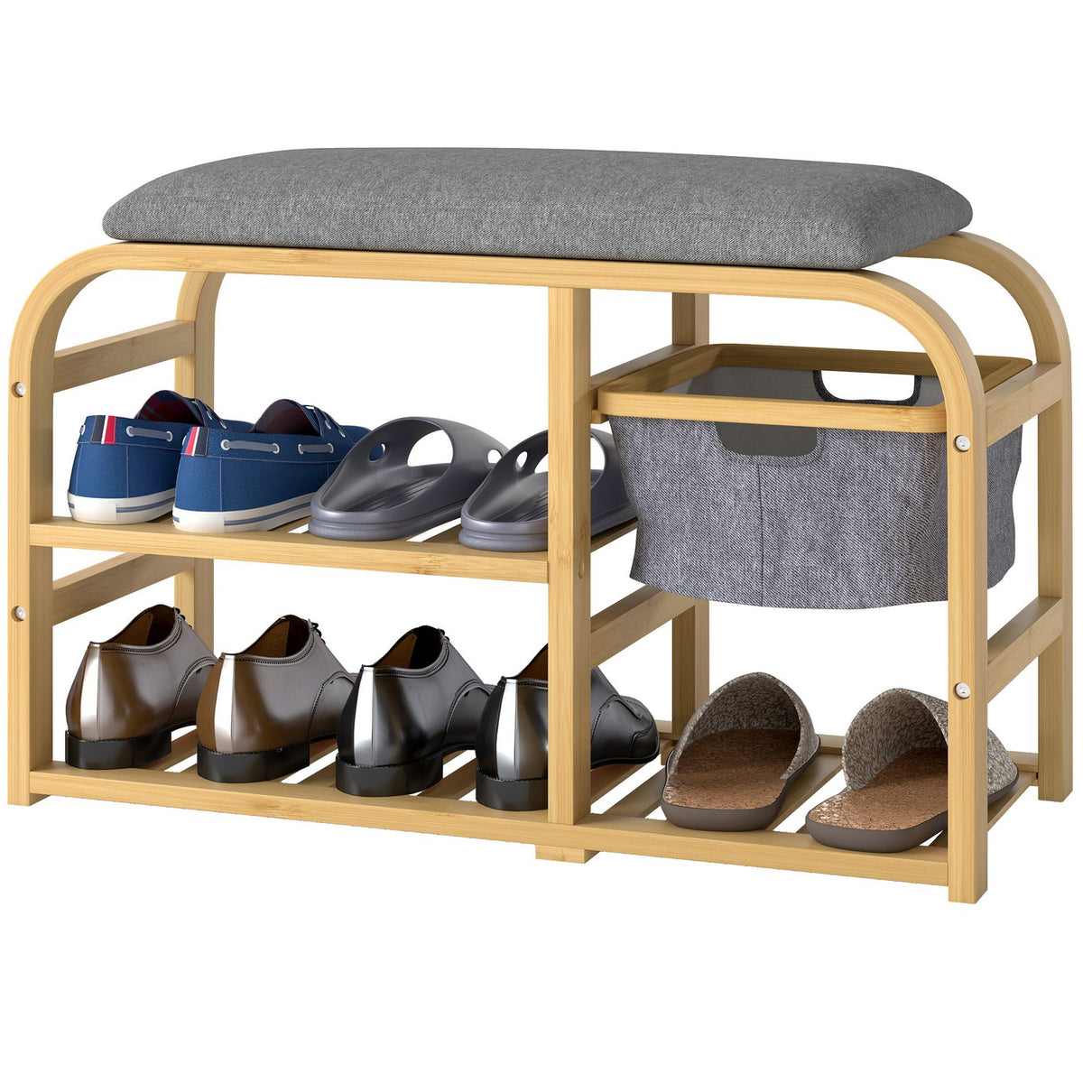 Shoe bench with 2 levels, bench with pull-out basket, 2 shoe racks, wardrobe bench with linen look, for 5 pairs of shoes, for hallway, hallway, bamboo, gray, 70 x 30 x 45 cm
