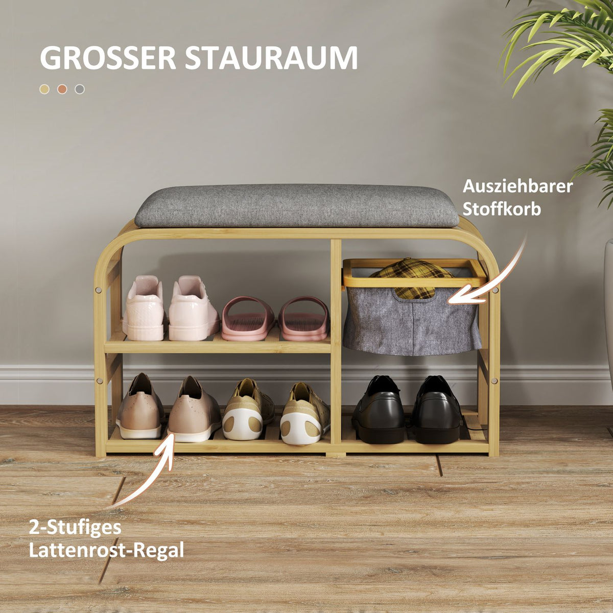 Shoe bench with 2 levels, bench with pull-out basket, 2 shoe racks, wardrobe bench with linen look, for 5 pairs of shoes, for hallway, hallway, bamboo, gray, 70 x 30 x 45 cm