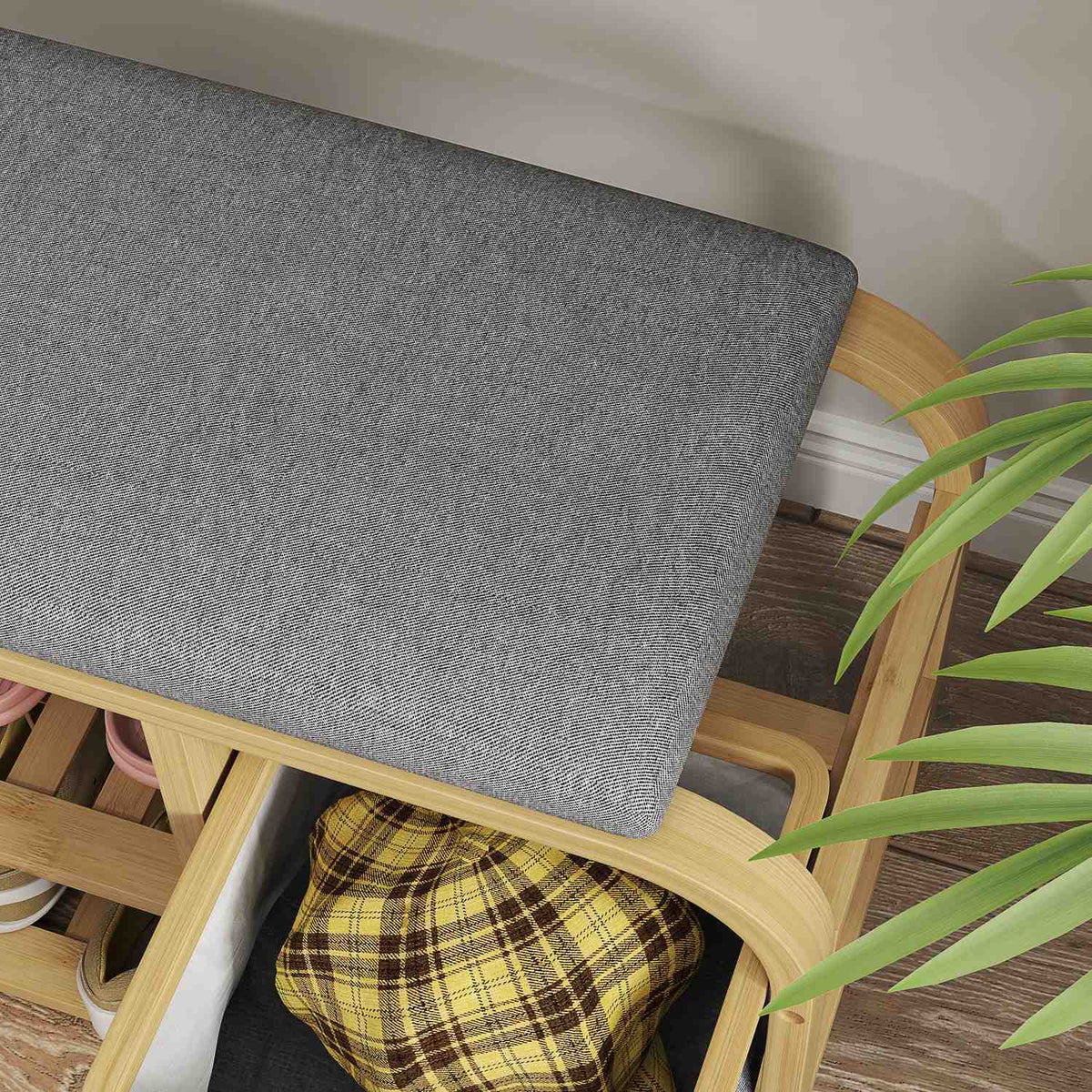 Shoe bench with 2 levels, bench with pull-out basket, 2 shoe racks, wardrobe bench with linen look, for 5 pairs of shoes, for hallway, hallway, bamboo, gray, 70 x 30 x 45 cm