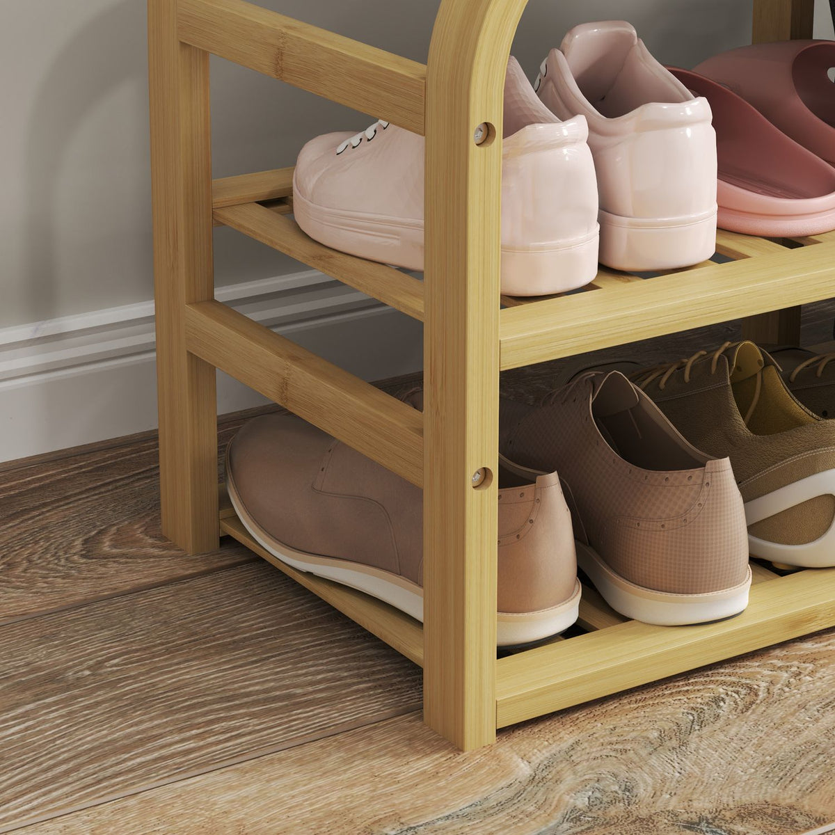 Shoe bench with 2 levels, bench with pull-out basket, 2 shoe racks, wardrobe bench with linen look, for 5 pairs of shoes, for hallway, hallway, bamboo, gray, 70 x 30 x 45 cm