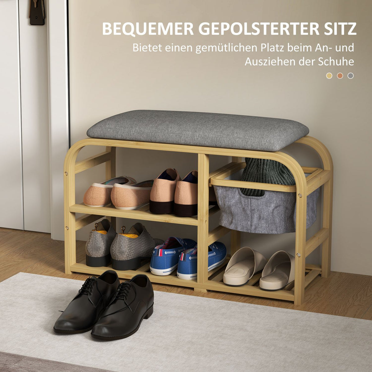 Shoe bench with 2 levels, bench with pull-out basket, 2 shoe racks, wardrobe bench with linen look, for 5 pairs of shoes, for hallway, hallway, bamboo, gray, 70 x 30 x 45 cm