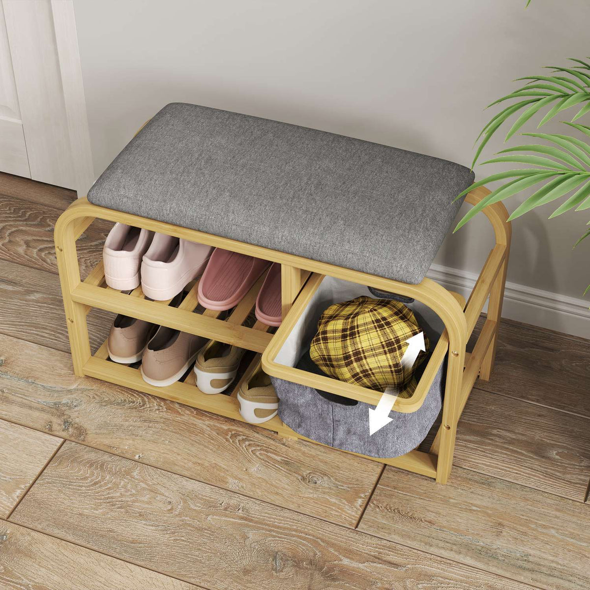 Shoe bench with 2 levels, bench with pull-out basket, 2 shoe racks, wardrobe bench with linen look, for 5 pairs of shoes, for hallway, hallway, bamboo, gray, 70 x 30 x 45 cm