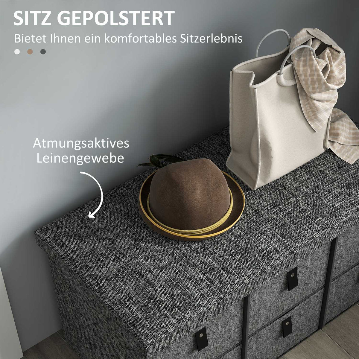 Shoe bench with 6 boxes, bench, wardrobe bench with linen look, shoe chest for 6 pairs of shoes, for hallway, hallway, dark gray, 76.5 x 38 x 38 cm