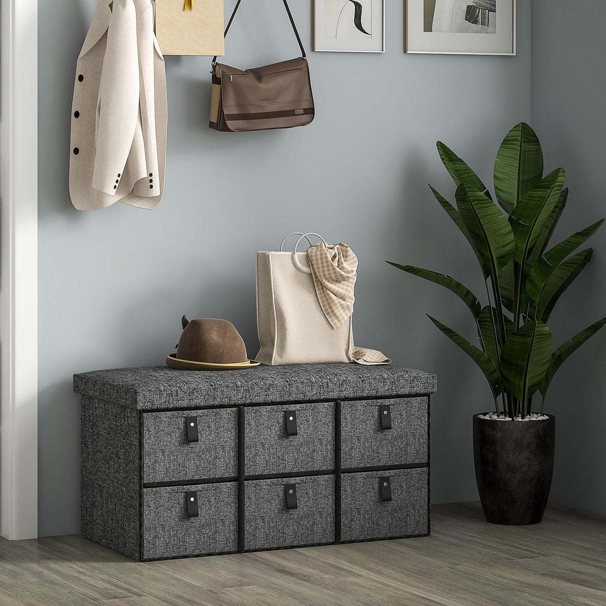 Shoe bench with 6 boxes, bench, wardrobe bench with linen look, shoe chest for 6 pairs of shoes, for hallway, hallway, dark gray, 76.5 x 38 x 38 cm