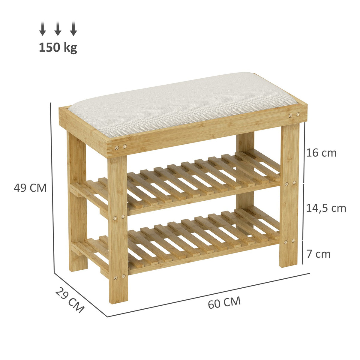 Shoe bench with seat, bamboo bench with storage space, shoe rack with 2 open compartments, bench, wardrobe bench for living room, hallway, 60 x 29 x 49 cm cream white |