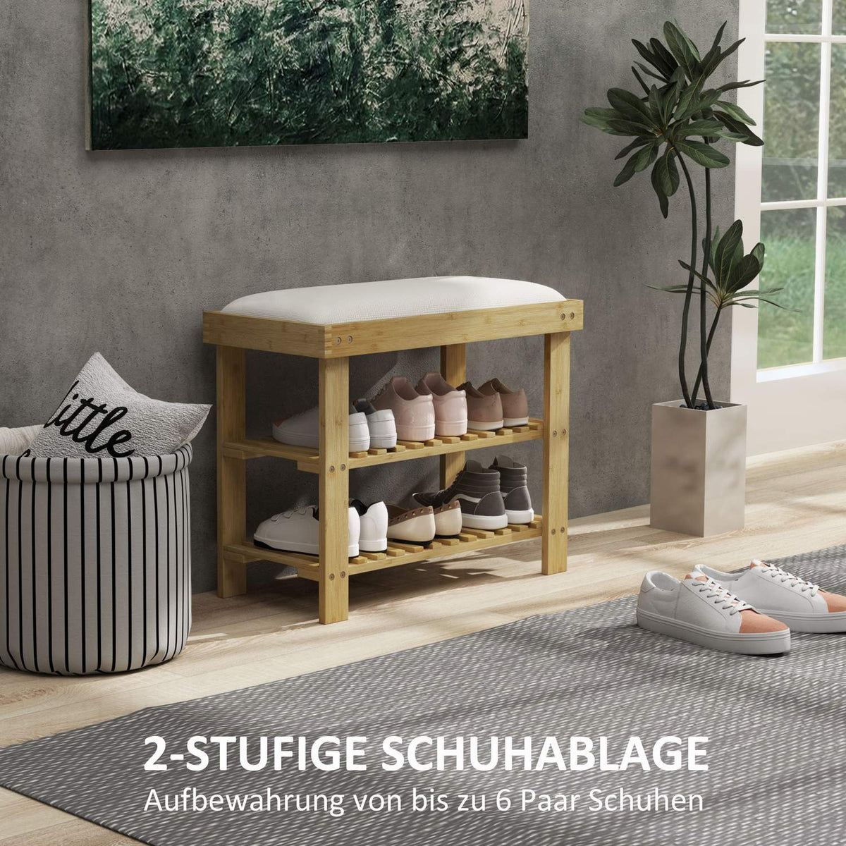 Shoe bench with seat, bamboo bench with storage space, shoe rack with 2 open compartments, bench, wardrobe bench for living room, hallway, 60 x 29 x 49 cm cream white |