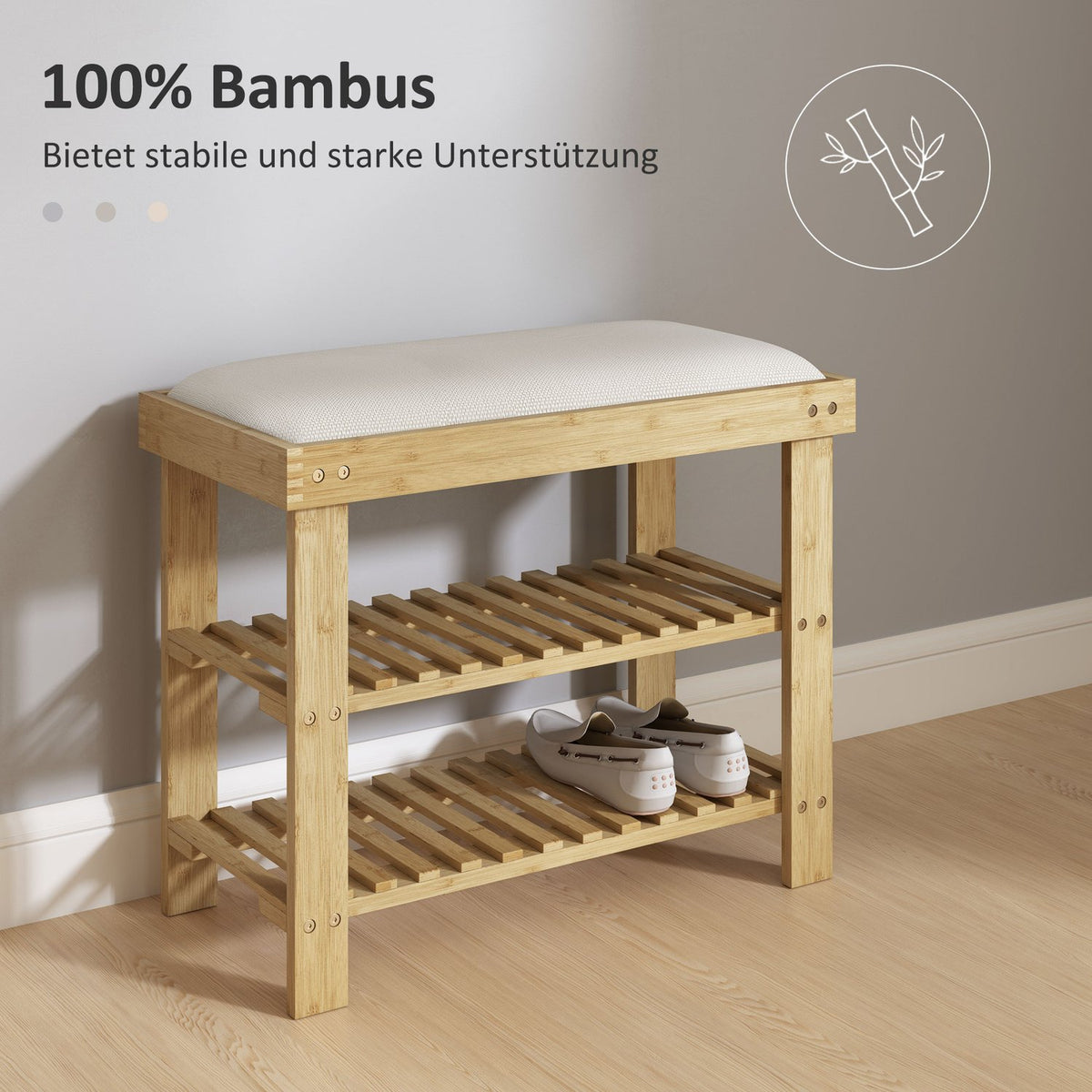 Shoe bench with seat, bamboo bench with storage space, shoe rack with 2 open compartments, bench, wardrobe bench for living room, hallway, 60 x 29 x 49 cm cream white |