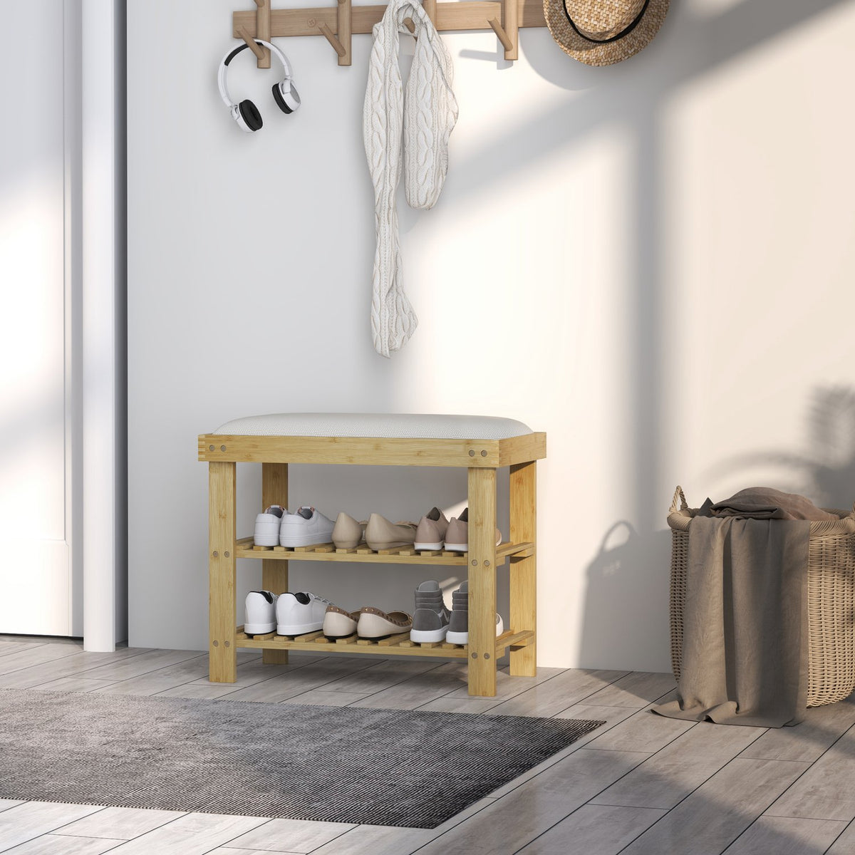 Shoe bench with seat, bamboo bench with storage space, shoe rack with 2 open compartments, bench, wardrobe bench for living room, hallway, 60 x 29 x 49 cm cream white |