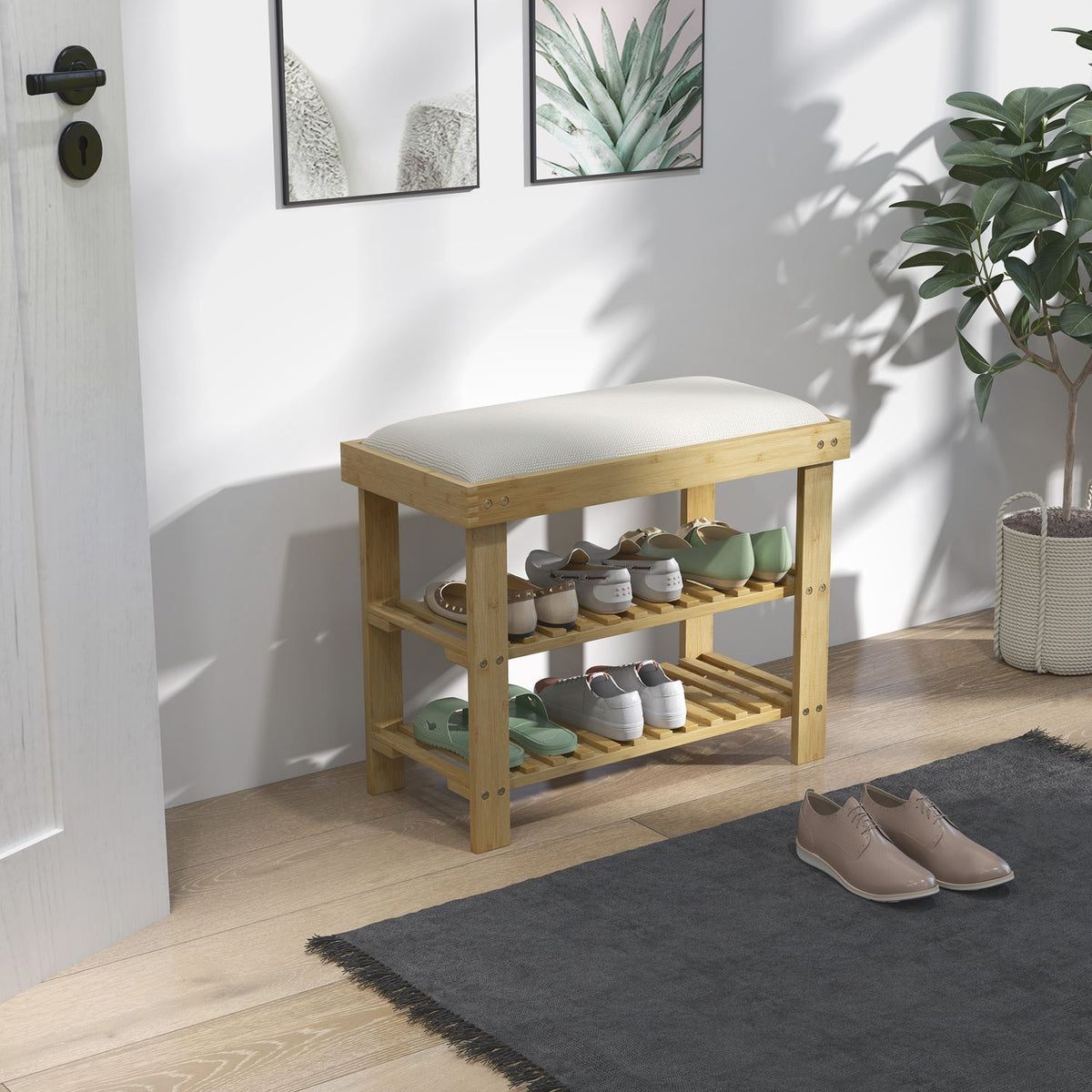 Shoe bench with seat, bamboo bench with storage space, shoe rack with 2 open compartments, bench, wardrobe bench for living room, hallway, 60 x 29 x 49 cm cream white |