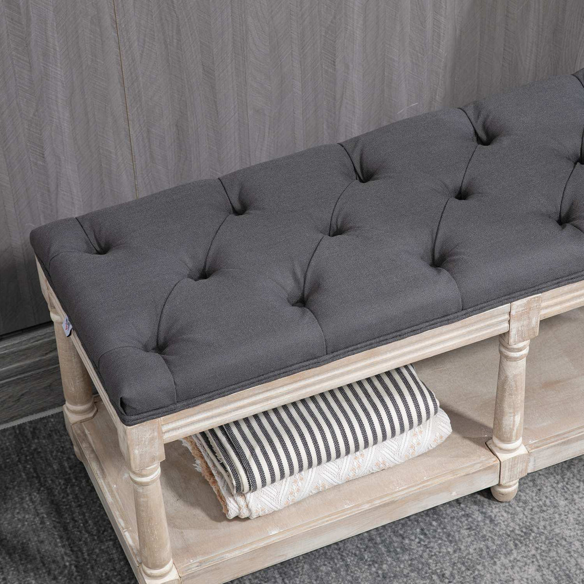 Shoe bench with seat, shoe rack with storage space, padded bench with wooden legs, linen look, gray, 115 x 40 x 48 cm