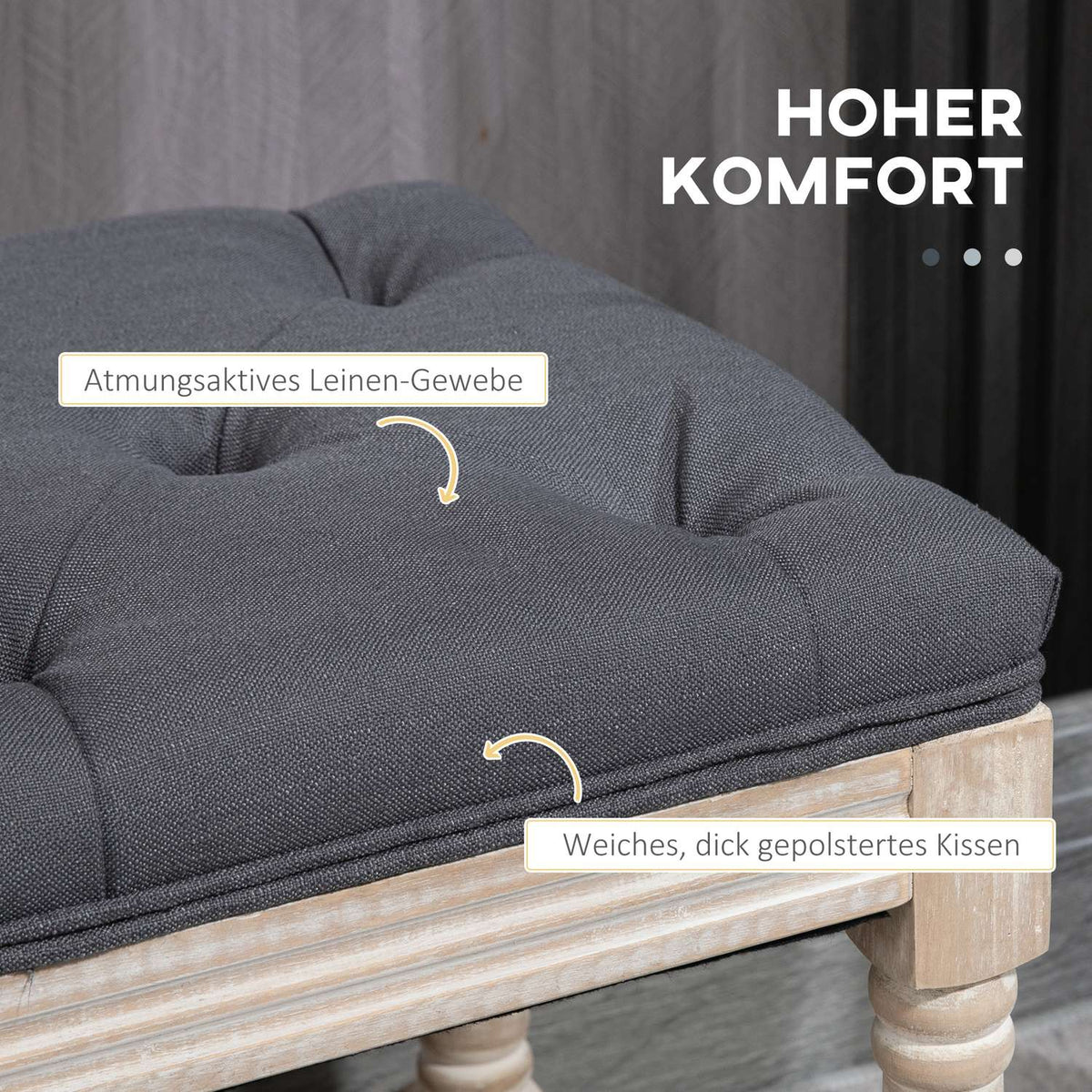 Shoe bench with seat, shoe rack with storage space, padded bench with wooden legs, linen look, gray, 115 x 40 x 48 cm