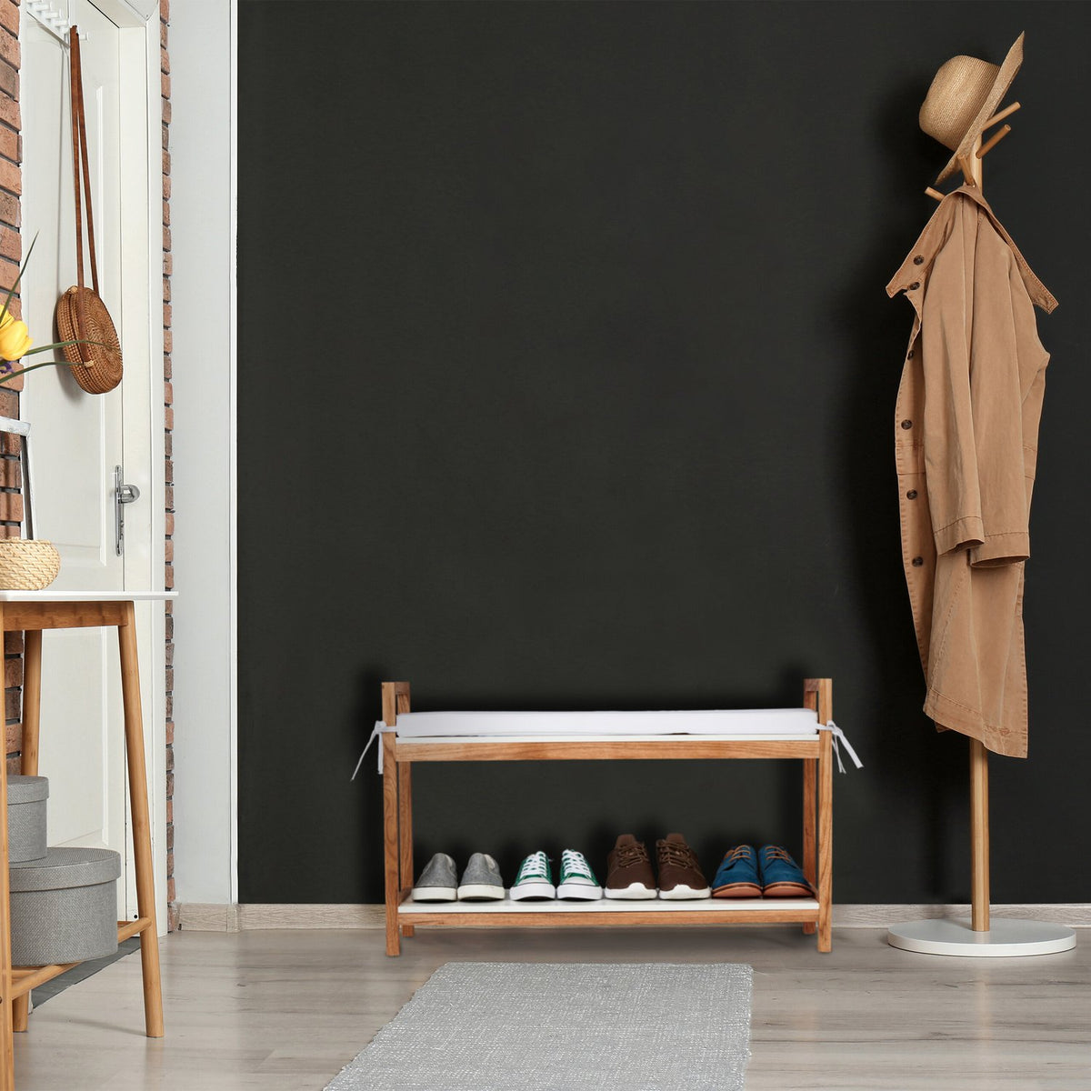 Shoe bench with upholstered seat