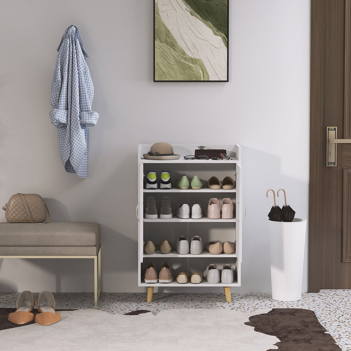 Shoe cabinet, shoe rack with doors and shelves, for 12 shoes, modern shoe chest of drawers, shoe racks for hallways and entrance areas, solid wood, 60 x 30 x 92 cm, white