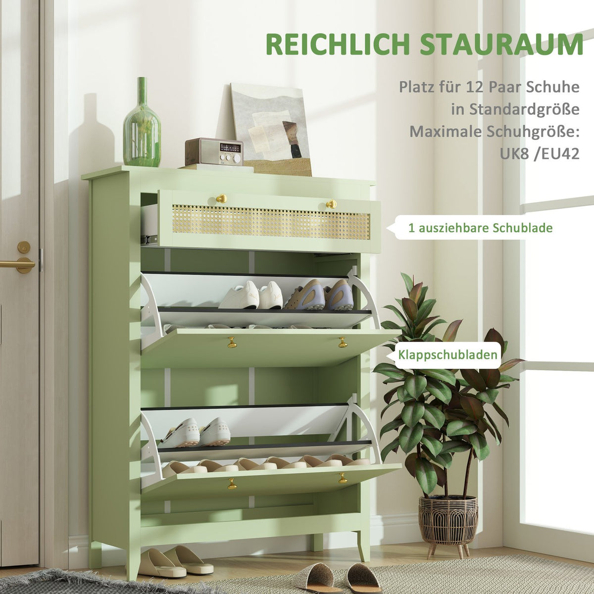 Shoe cabinet with 2 flaps, shoe tipper with drawer, shoe rack, shoe chest of drawers for 12 pairs of shoes, shoe rack for entrance area, hallway 88 x 30 x 120 cm, green