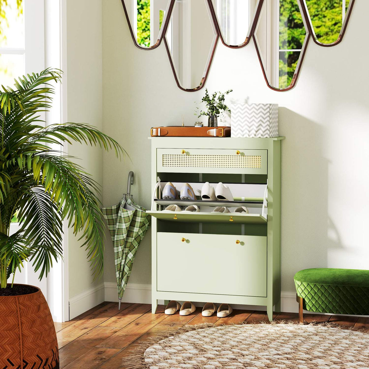 Shoe cabinet with 2 flaps, shoe tipper with drawer, shoe rack, shoe chest of drawers for 12 pairs of shoes, shoe rack for entrance area, hallway 88 x 30 x 120 cm, green